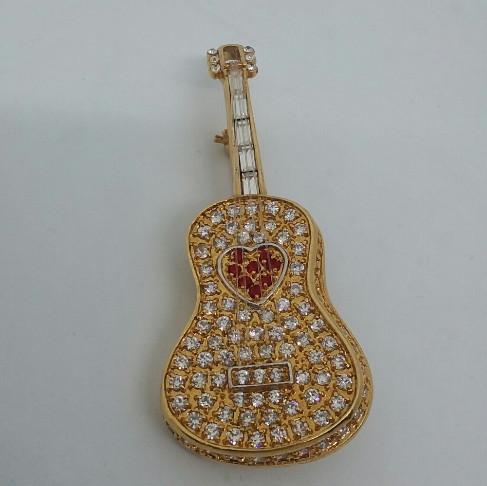 Gold-Tone Rhinestone Guitar Brooch